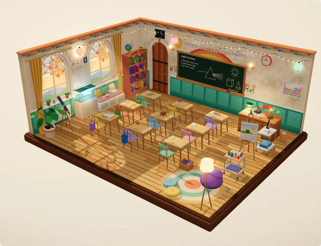 A classroom built as code: desks, a chalkboard, a mural, a bookshelf