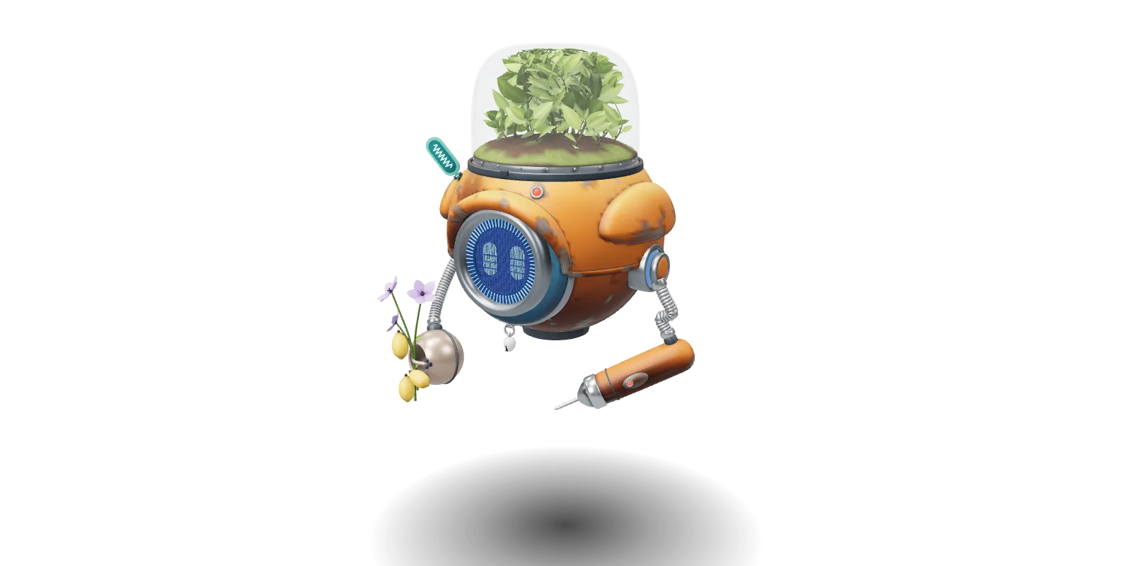 The gardener bot: a hovering orange robot with a glass jar of plants on its back