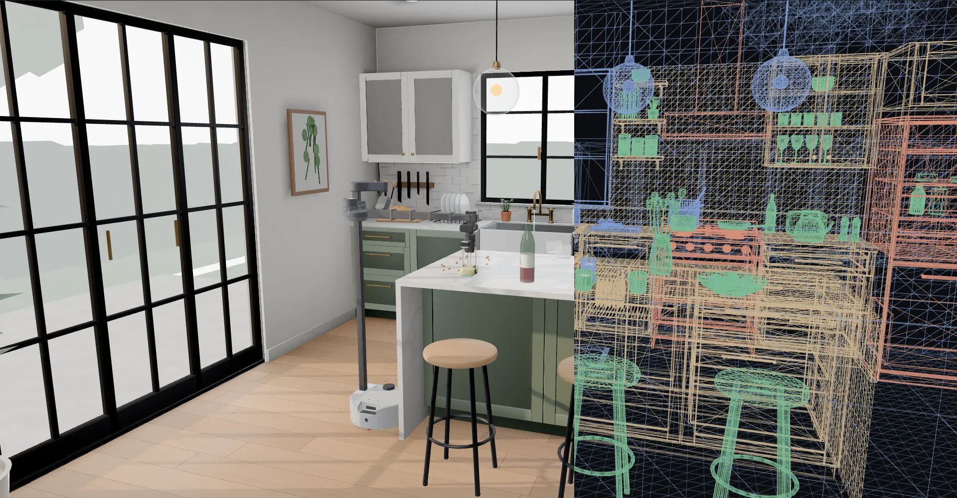 A sunlit kitchen built as code: sage green cupboards under a marble worktop, a farmhouse sink below a black steel window, a gas range and a steel fridge. A Stretch robot stands behind the marble island, wiping it with a sponge; three glass pendants hang above. The right side shows the same kitchen as wireframe code.
