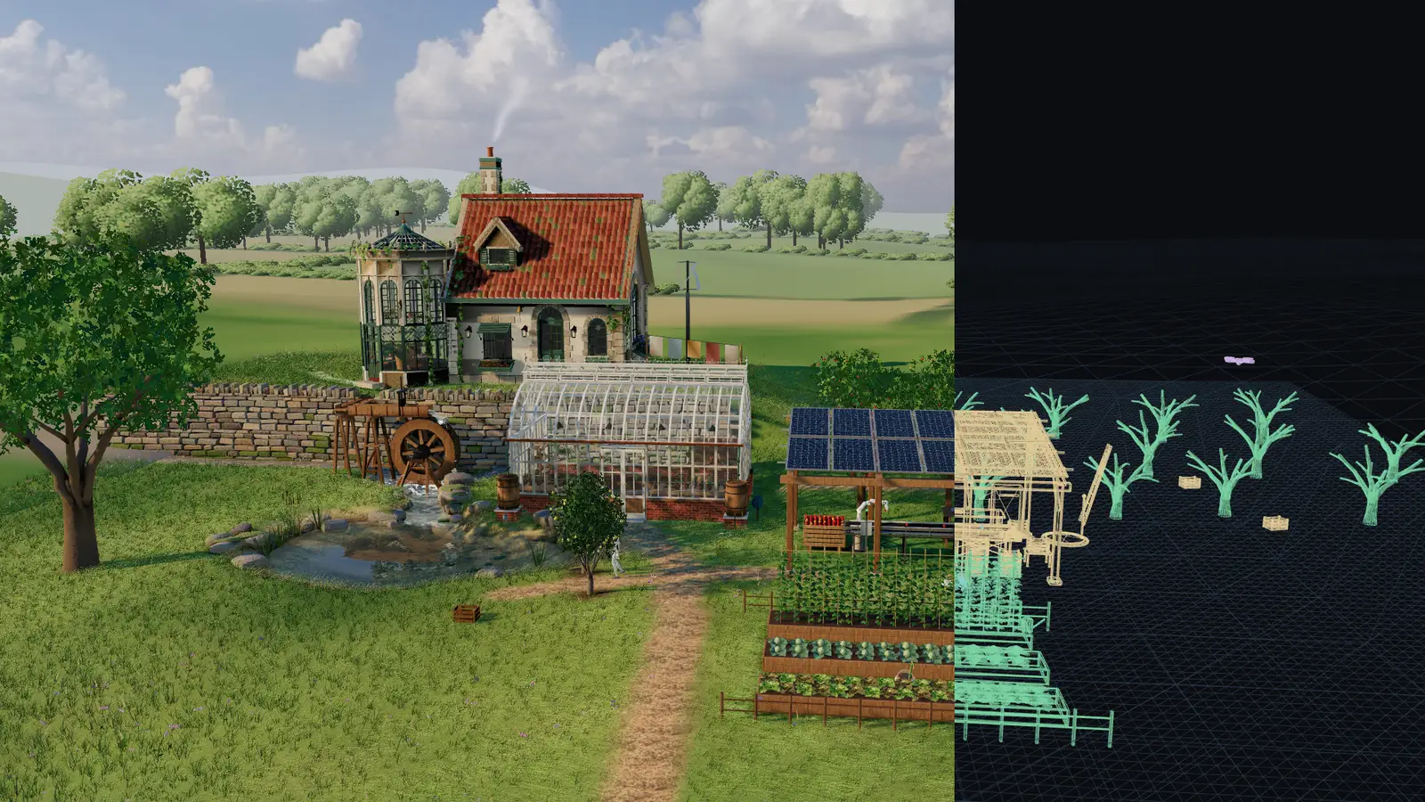 A small valley at golden hour: a stone wall and water wheel, a pond, a glasshouse, a packing shed where a robot arm sorts apples, an orchard with a Unitree Go2 walking between the trees, and a farmhouse. The right side shows the same valley as wireframe code.